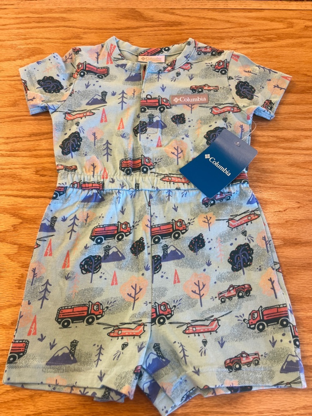 NWT Columbia Light Blue Kids Short Sleeve Romper with Red Truck Print